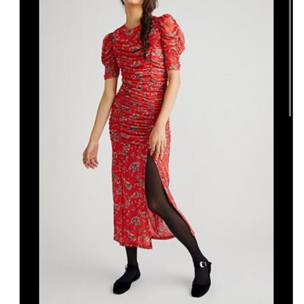 Free People Brielle Red Bloom Ruched Dress S